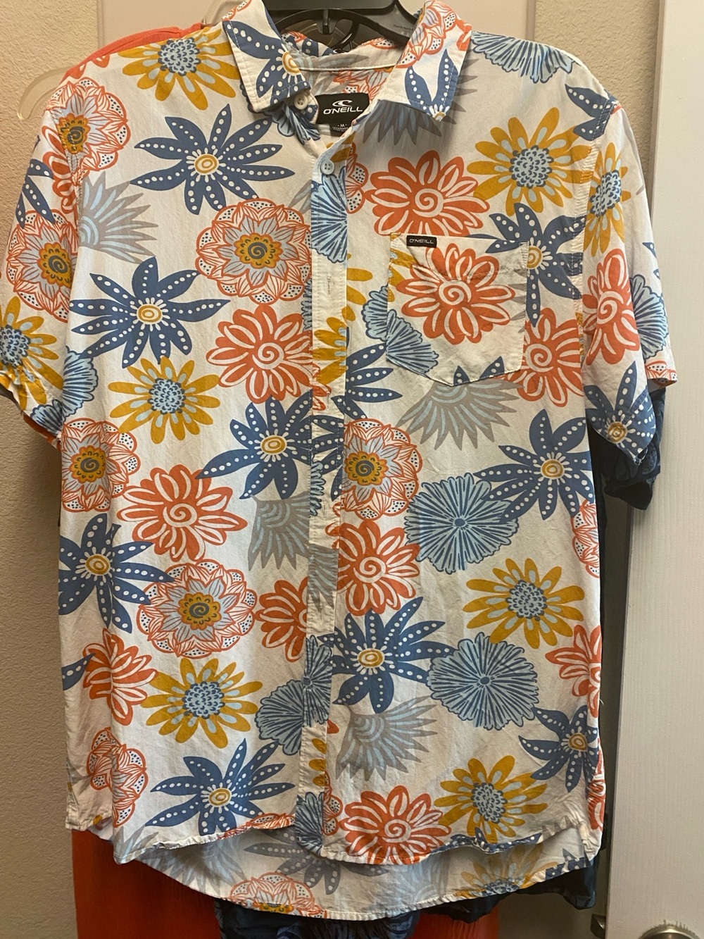 O'Neill Men's Short-Sleeve Floral Button-Up Shirt - White/Blue/Orange